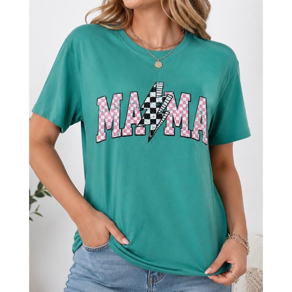 MAMA Punk Rock Checkered Lightning Bolt Teal Graphic Tee Women's Medium